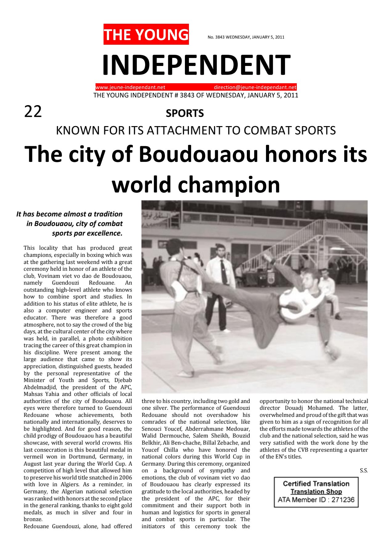 Le Jeune Indépendant — The city honors its world champion
